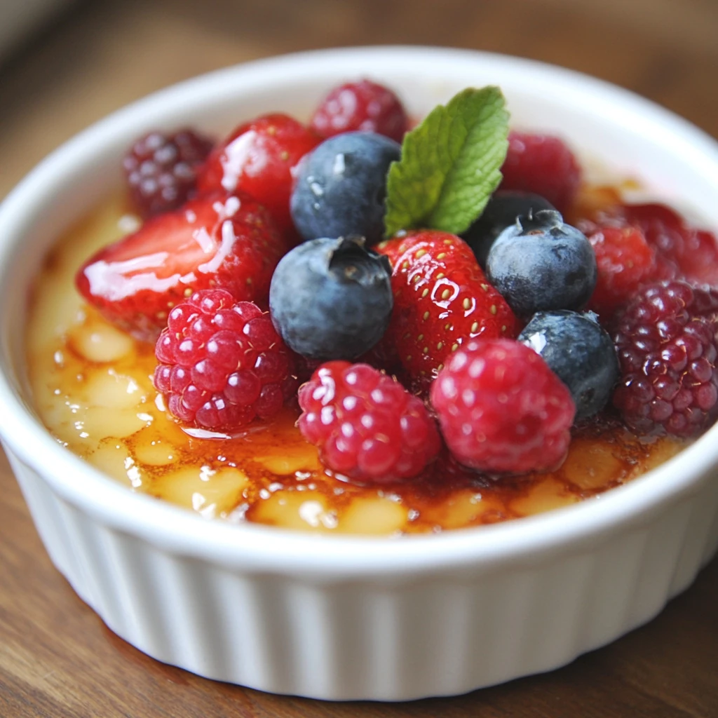 Crème brûlée served with fresh berries