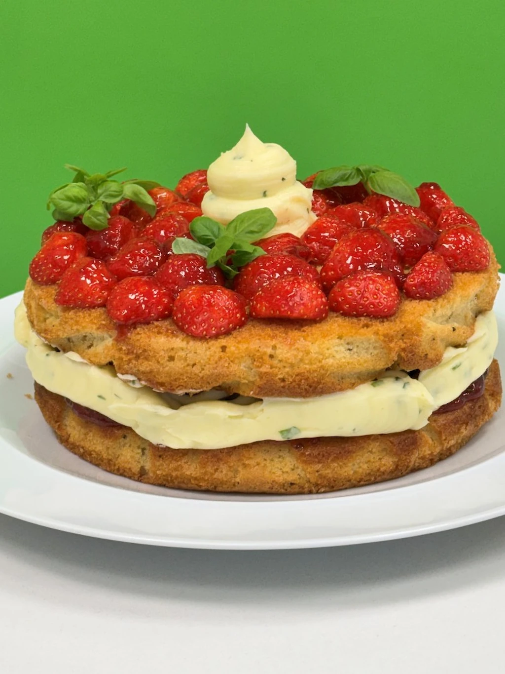 strawberry, black pepper and basil Victoria sponge